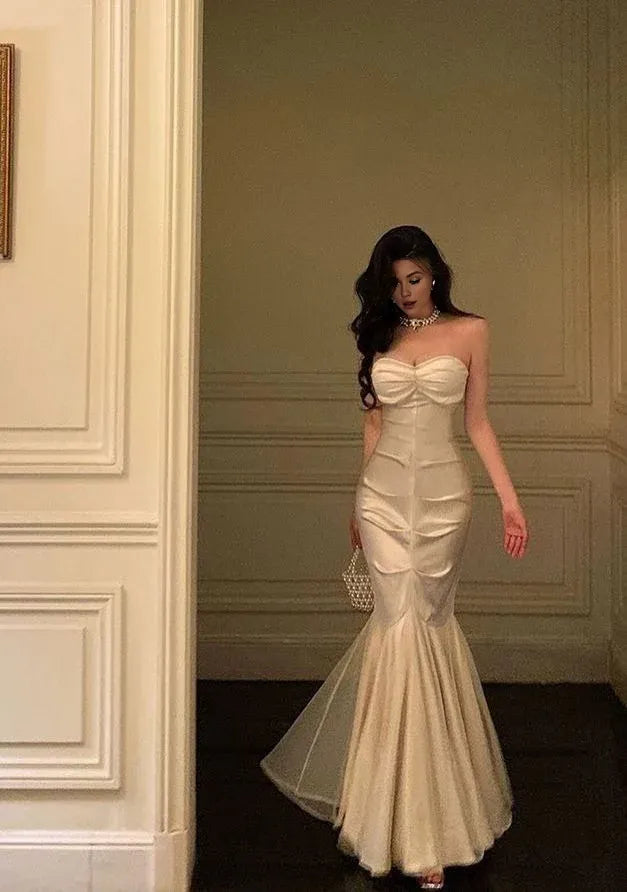 TingPo Wholesale Sexy Mermaid Sweetheart White Satin Long Prom Dress Evening Dresses